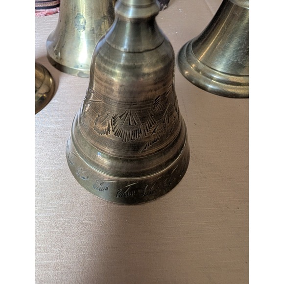 Vintage Brass Bells Set of 4 Unicorn Man Figurine Engraved Etched‎ - Picture 7 of 9